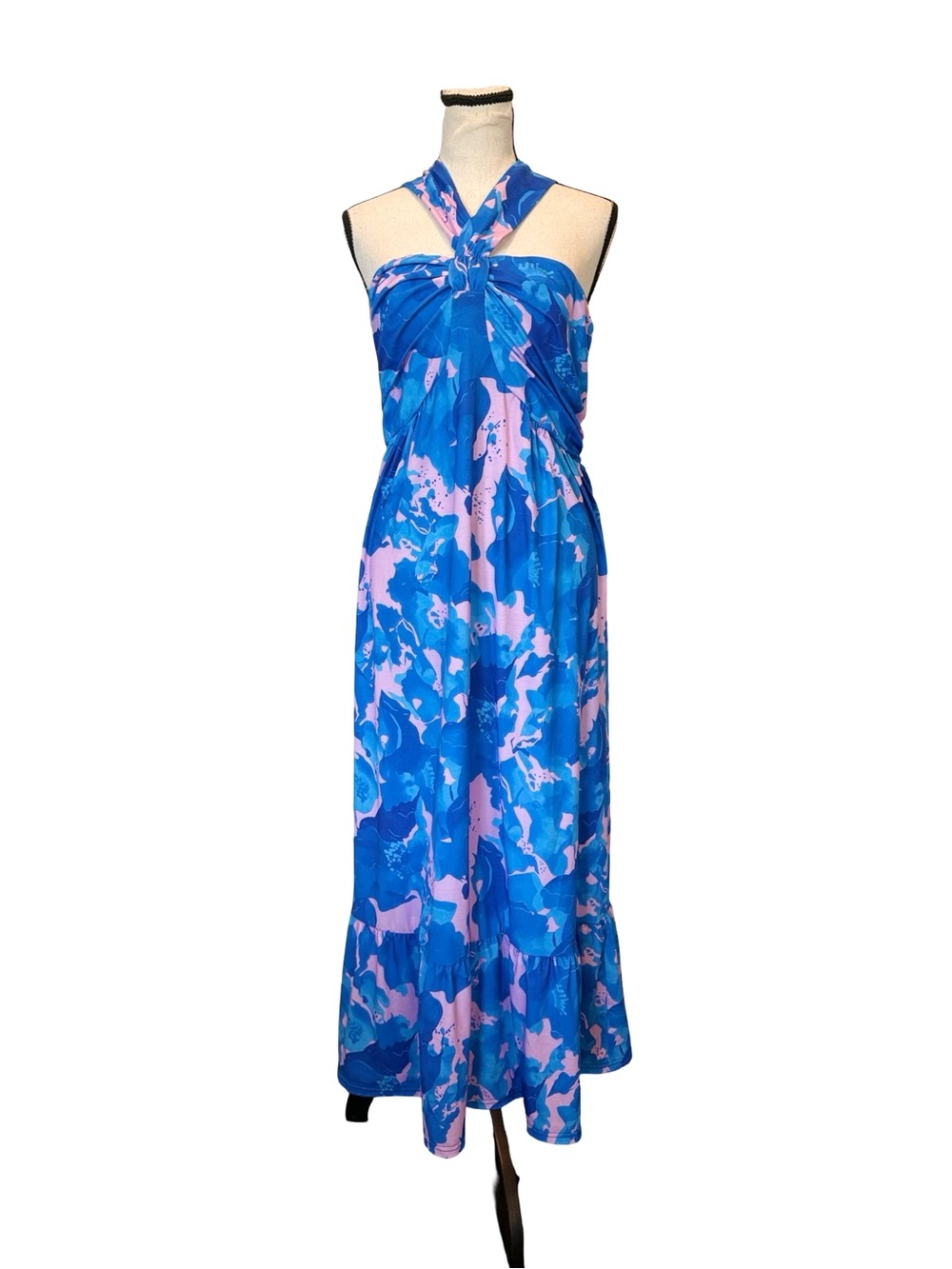 Grace Karin Blue Pink Floral Halter Maxi Dress Pockets Sleeveless Large